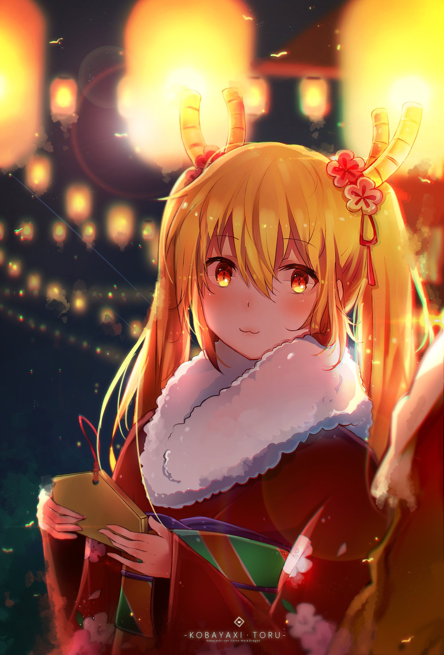 Anime portrait of Tohru from Miss Kobayashi's Dragon Maid: wearing a red kimono with a white fur collar and horns, holding a small box as warm paper lanterns glow around her at night.
