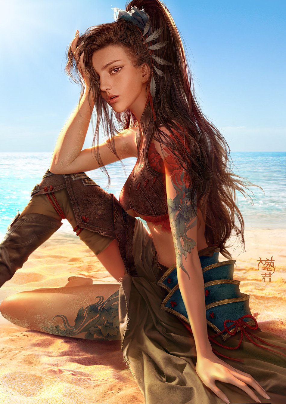Fantasy woman with flowing hair and ornate tattoos sits on a sunlit beach in worn armor and cloth, gazing toward the sea.