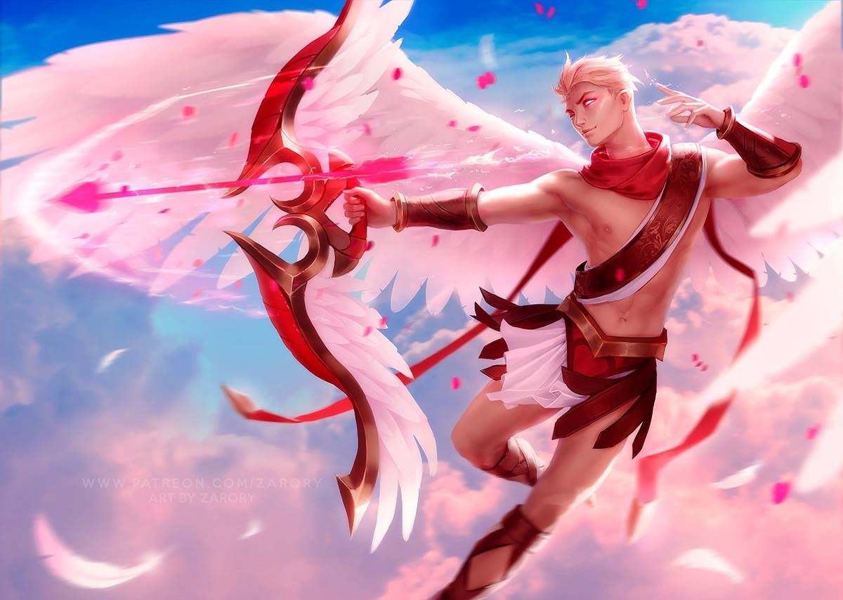 Blonde, winged Varus from League of Legends soars through pink clouds, drawing a glowing bow in vivid video game splash art.