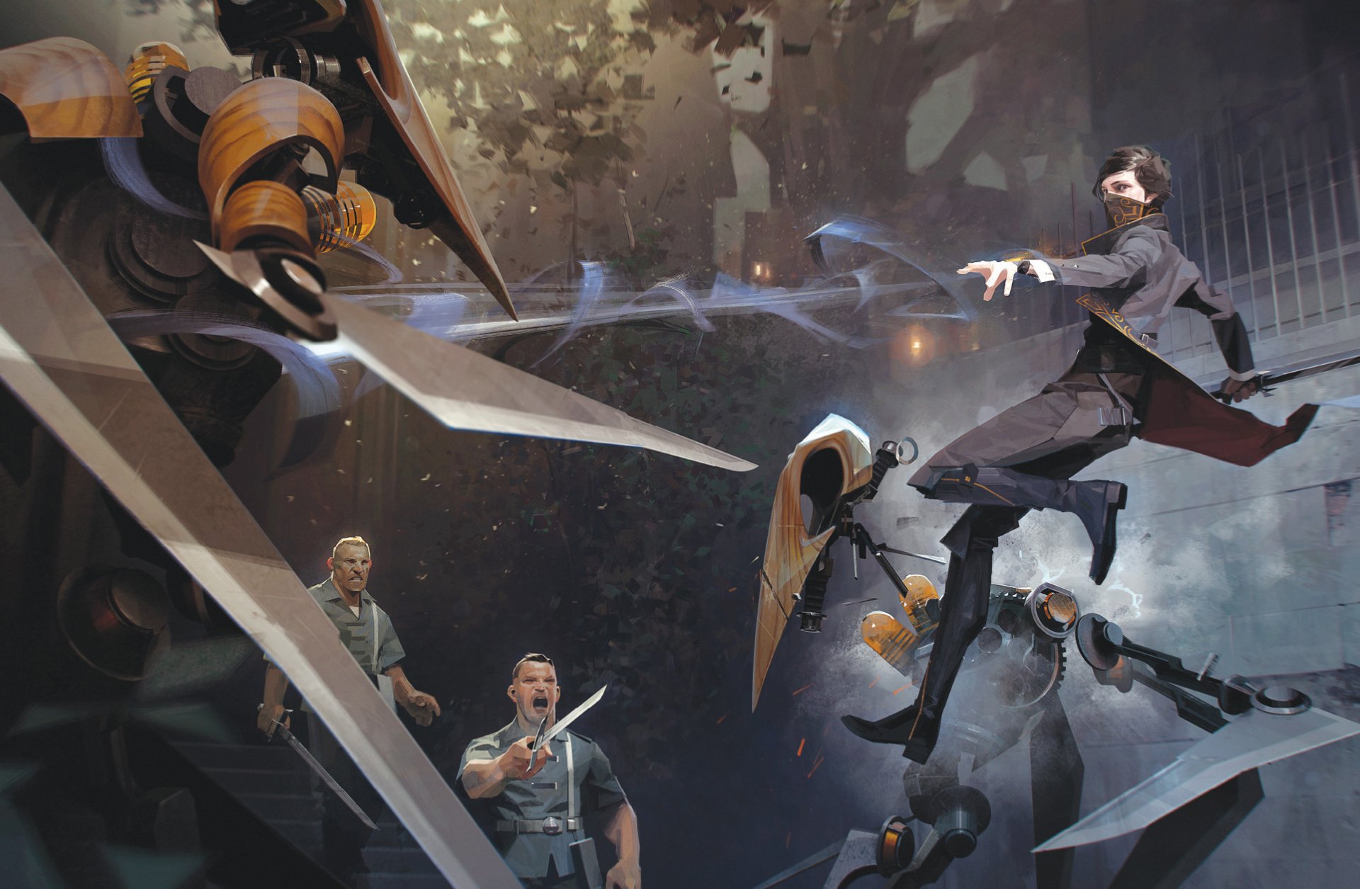 Emily Kaldwin from the video game Dishonored 2 engages in a dynamic battle scene, surrounded by adversaries and intricate weaponry in a richly detailed environment.