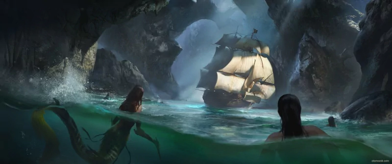Fantasy scene: a tall-sailed ship enters a glowing sea cave as mermaids surface in emerald water, watching from below.