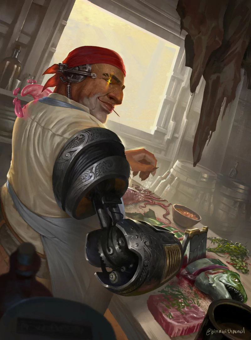 John Silver from the movie Treasure Planet in a ship galley, red bandana and mechanical arm, smiling as he prepares fish on a counter.