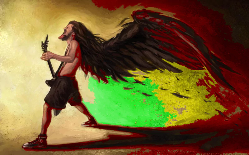 A muscular figure with long hair and black wings plays an electric guitar, embodying the spirit of reggae and rock, blending the influences of Bob Marley and Dimebag Darrell.