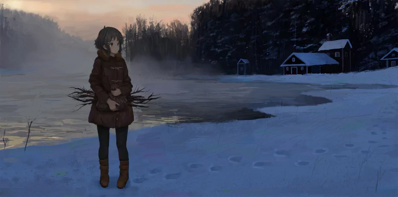 A young girl with short hair stands by a snowy lake, holding twigs, as a mist rises from the water. A cozy house and a dense forest are in the background, captured in an anime style during winter.