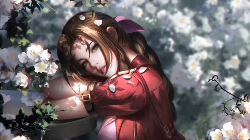 Aerith Gainsborough from Final Fantasy VII Remake rests among blossoming flowers, her brown hair and green eyes softly illuminated in this serene video game scene.