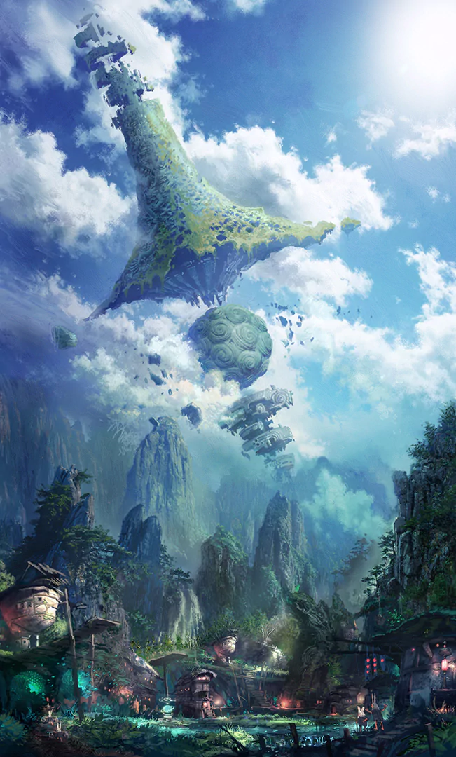 Video game art from Blade & Soul: a bright sky over a mossy floating island and spherical ruins hovering above jagged mountains and a glowing village below.