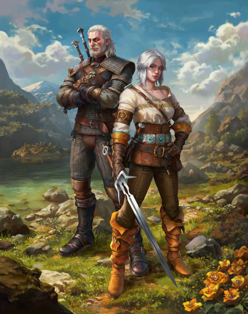Geralt of Rivia and Ciri from The Witcher 3: Wild Hunt stand ready with weapons in a detailed outdoor landscape, showcasing characters from the popular video game.