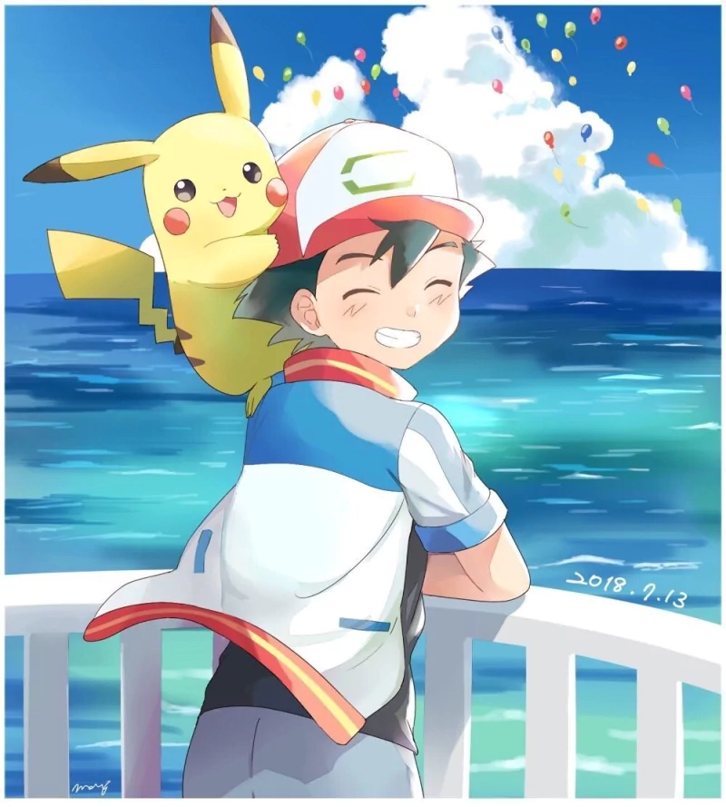 Ash Ketchum with black hair and cap smiles on a seaside railing, Pikachu on his shoulder and balloons over the ocean — scene from Pokémon: The Power of Us.