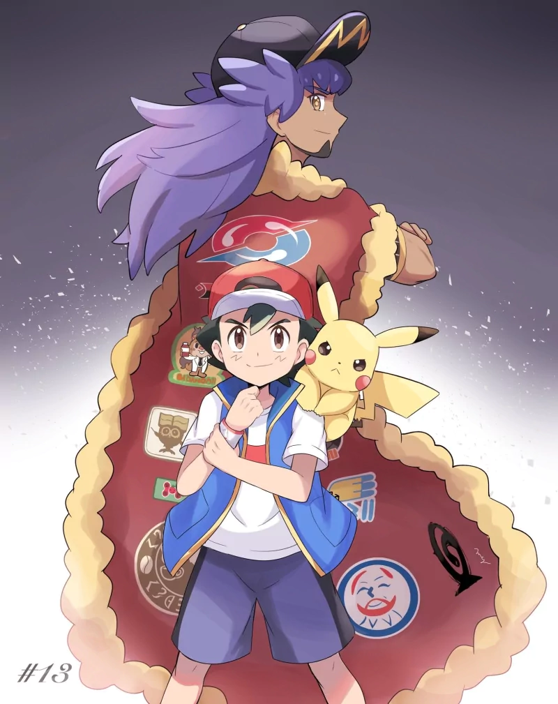 black hair purple hair brown eyes Pikachu Leon (Pokémon) Ash Ketchum Anime Pokemon Image