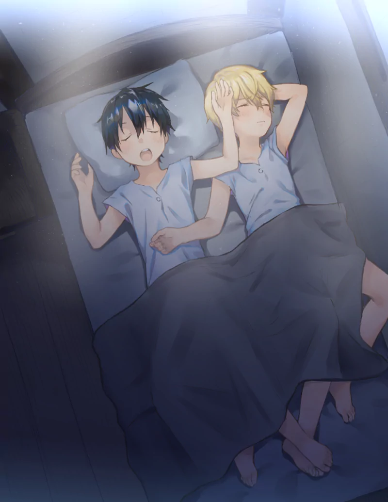 Anime-style image of Kirito with black hair and Eugeo with blonde hair sleeping barefoot side by side in a bed, covered by a dark blanket, from Sword Art Online: Alicization.