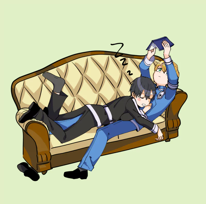 black hair blonde couch socks reading book sleeping Eugeo (Sword Art Online) Kirito (Sword Art Online) Anime Sword Art Online: Alicization Image