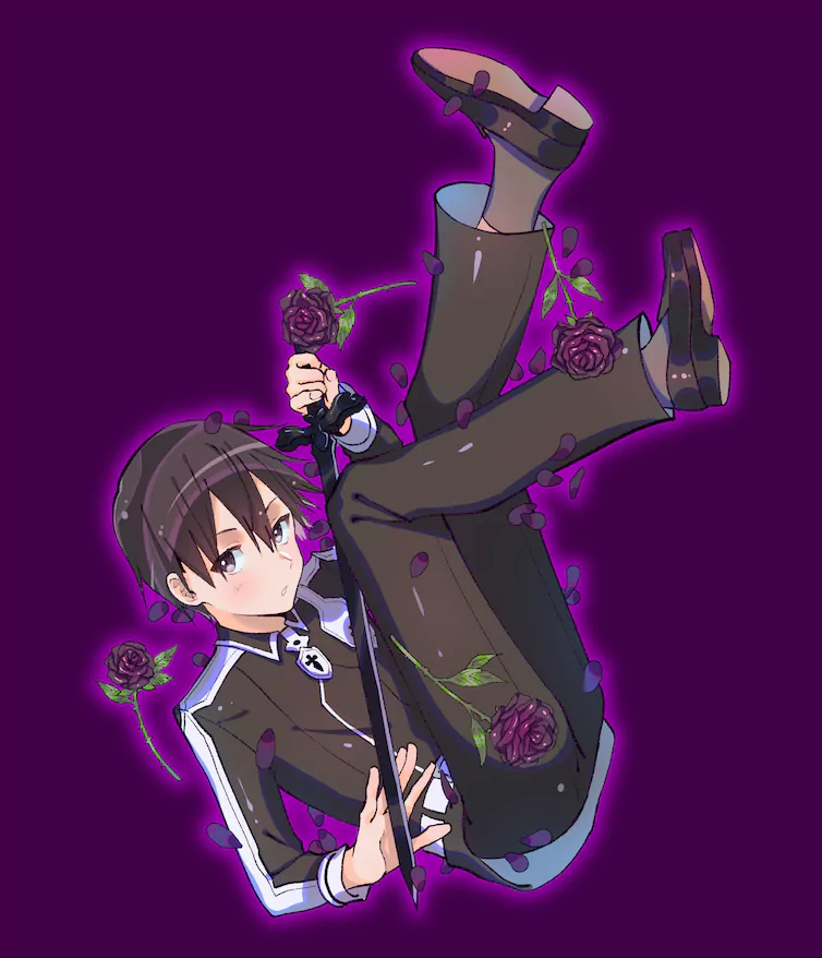 Anime character Kirito from Sword Art Online: Alicization, with black hair, holding a sword surrounded by purple roses, set against a purple background.