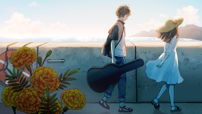 sandal brown hair sea hat flower guitar white dress Anime couple anime couple Image