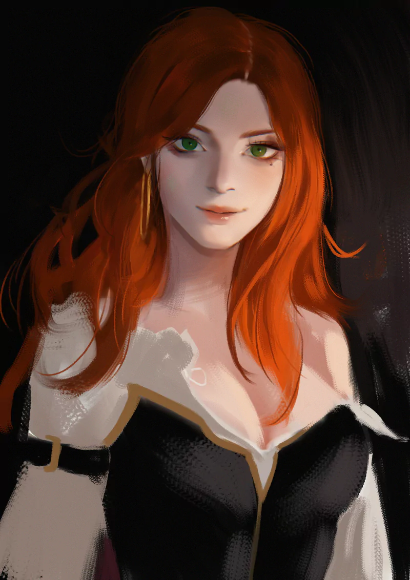 A digital portrait of Miss Fortune from League of Legends, featuring her signature red hair and striking green eyes.
