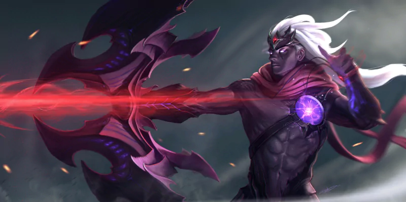 Varus (League of Legends) fires a crimson energy arrow from a shadowy rune-carved bow, a glowing purple core on his chest, wind-swept white hair and a stormy sky behind him.