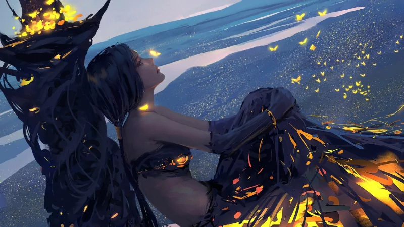 A dynamic scene from the comic GhostBlade, featuring a character with flowing dark hair and glowing accents, set against a vast, illuminated landscape.
