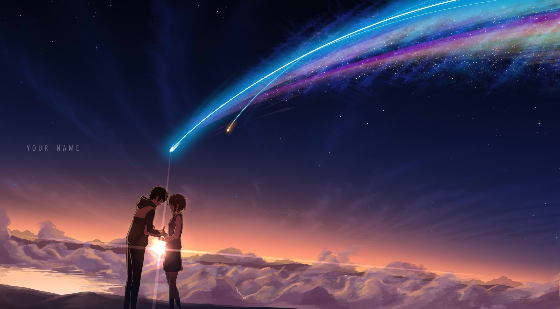 A tender moment between two characters from the anime Your Name., standing above clouds at sunset with a vibrant comet streaking across the twilight sky.