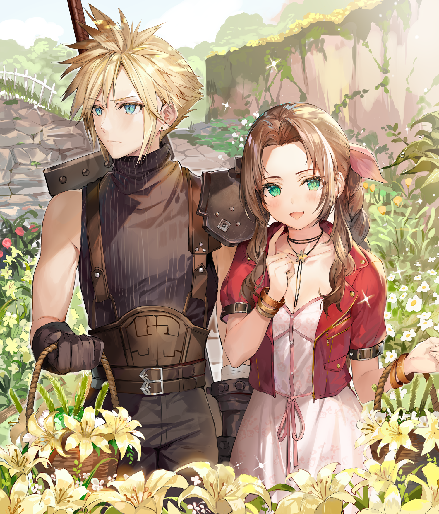 Cloud Strife with blonde hair and blue eyes stands beside Aerith Gainsborough with green eyes and brown hair in a garden filled with blooming lilies, from Final Fantasy VII Remake.