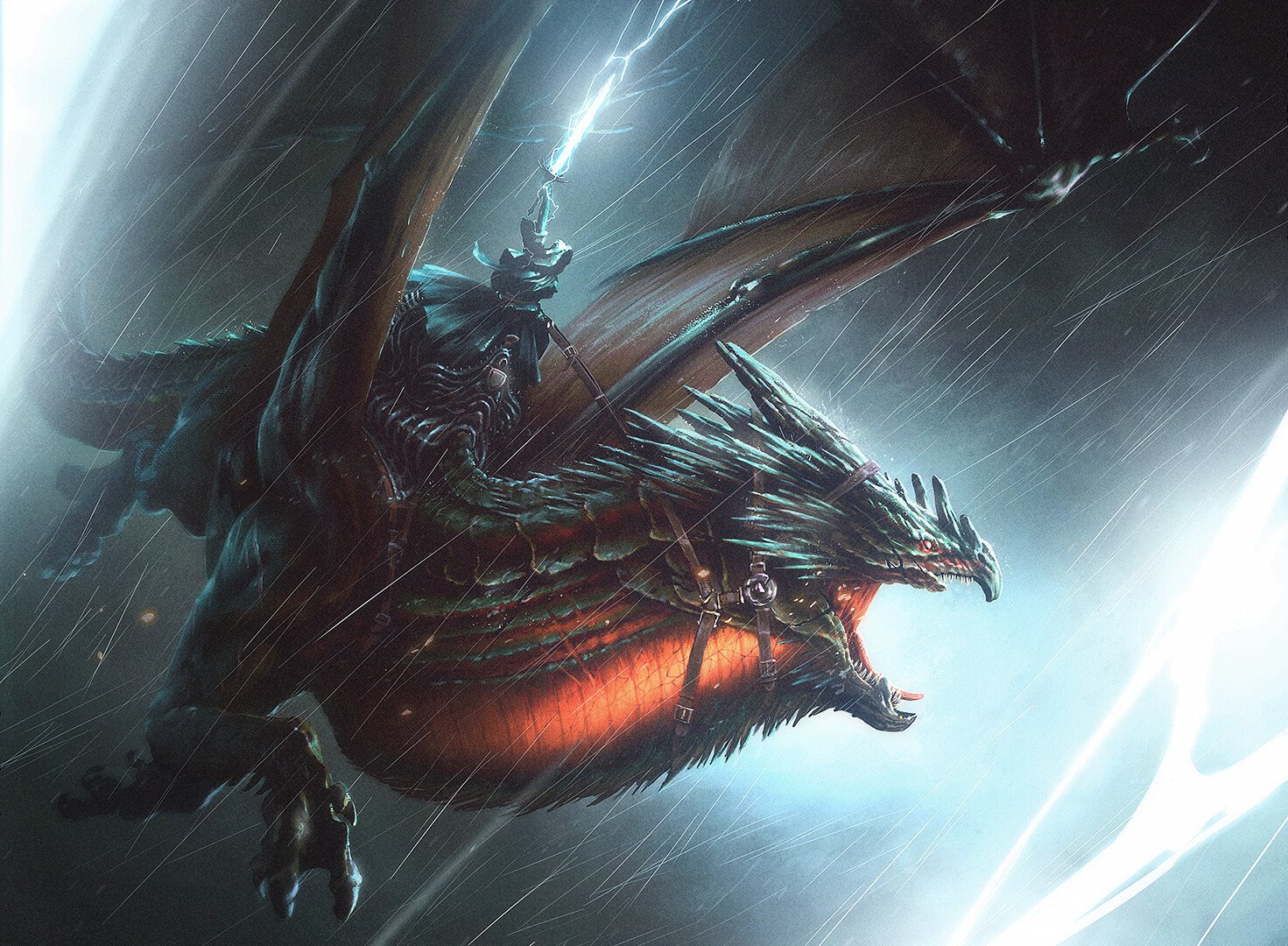 A fierce fantasy dragon with glowing eyes and outstretched wings soars through a stormy sky, illuminated by flashes of lightning.
