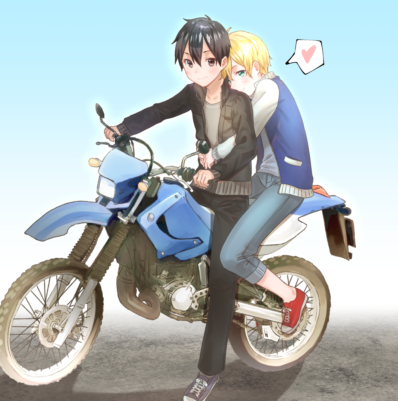 Kirito with black hair rides a motorcycle, smiling confidently, while blonde-haired Eugeo with green eyes hugs him from behind, both dressed casually in jackets and sneakers.