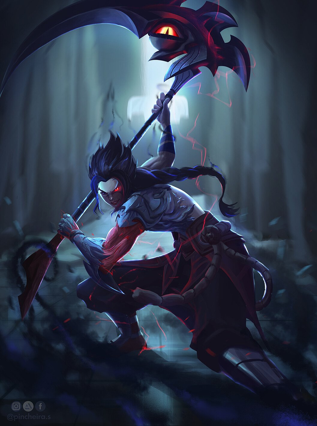 Kayn from the League of Legends video game crouches in a misty forest, gripping his shadow-infused scythe as a red eye glows and dark energy crackles around him.