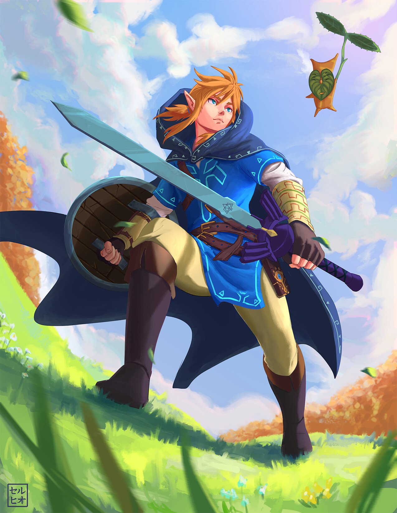Blonde-haired Link with pointed ears and blue eyes stands ready with a sword and shield in a vibrant outdoor scene from The Legend of Zelda: Breath of the Wild.