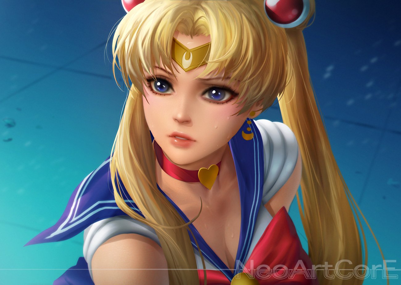 Sailor Moon anime portrait: blonde hair in odango style, blue eyes, crescent tiara, red bow and heart choker, gazing upward against a teal backdrop.