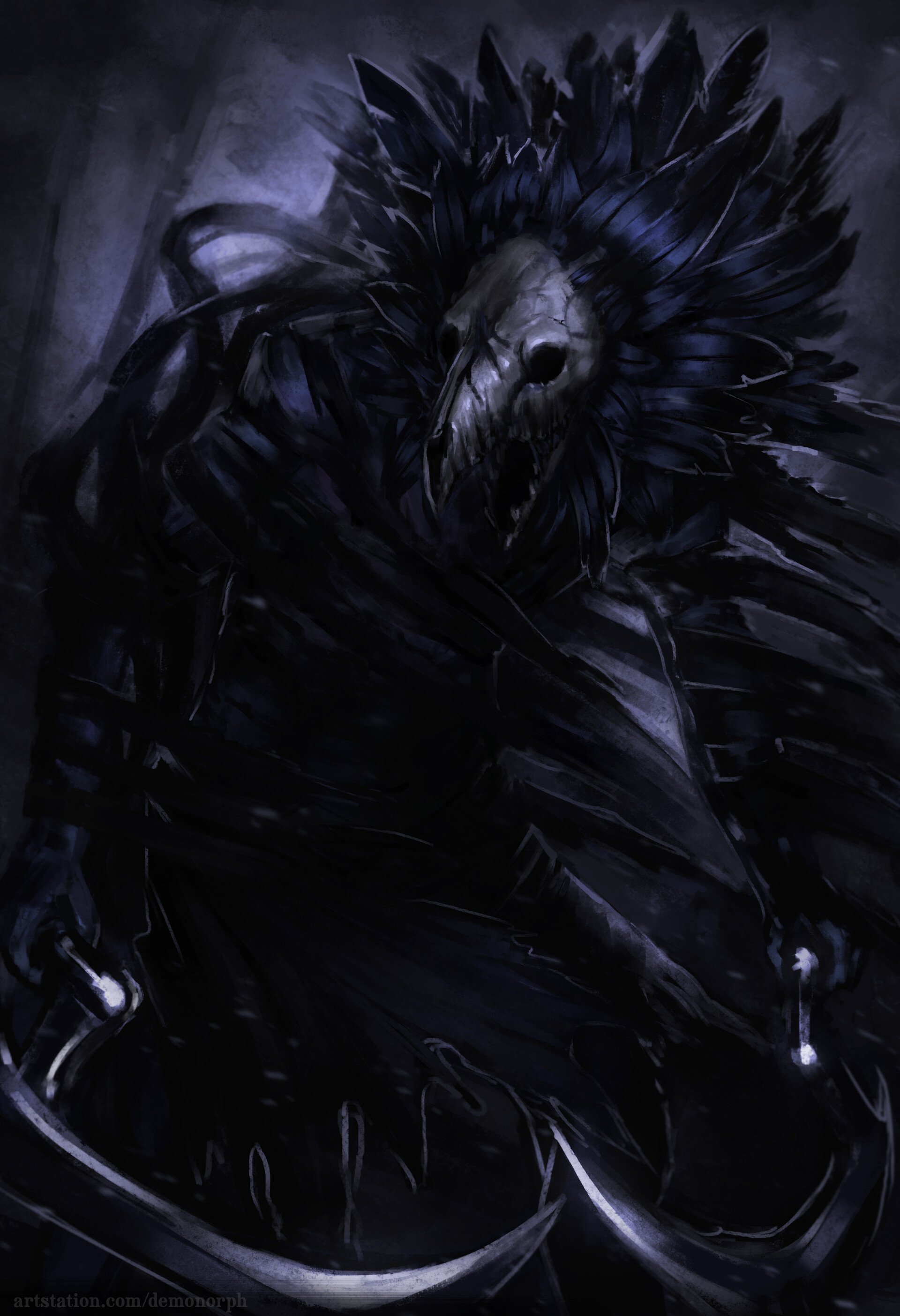 Dark, menacing creature with a skull-like mask and feathered headdress, wielding curved blades, from the video game Hellblade: Senua's Sacrifice.