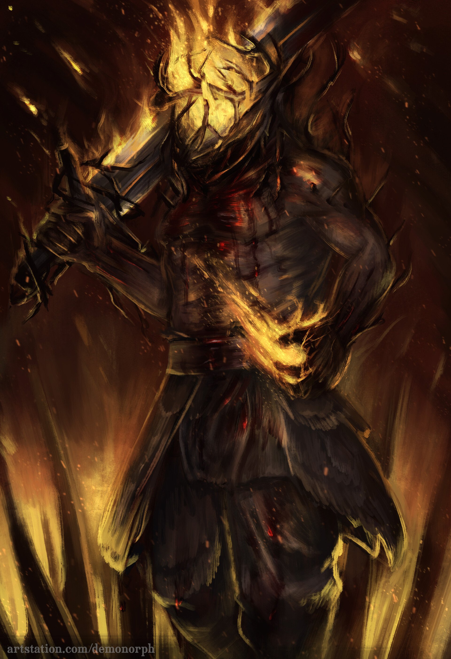 Fiery armored warrior engulfed in flames, holding a sword and fireball, from the video game Hellblade: Senua's Sacrifice.