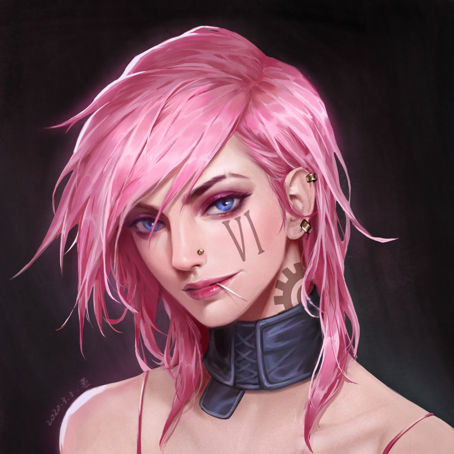 Close-up digital portrait of Vi from League of Legends — pink hair, blue eyes, 'VI' cheek tattoo, ear piercings and a leather collar in a stylized video game art style.