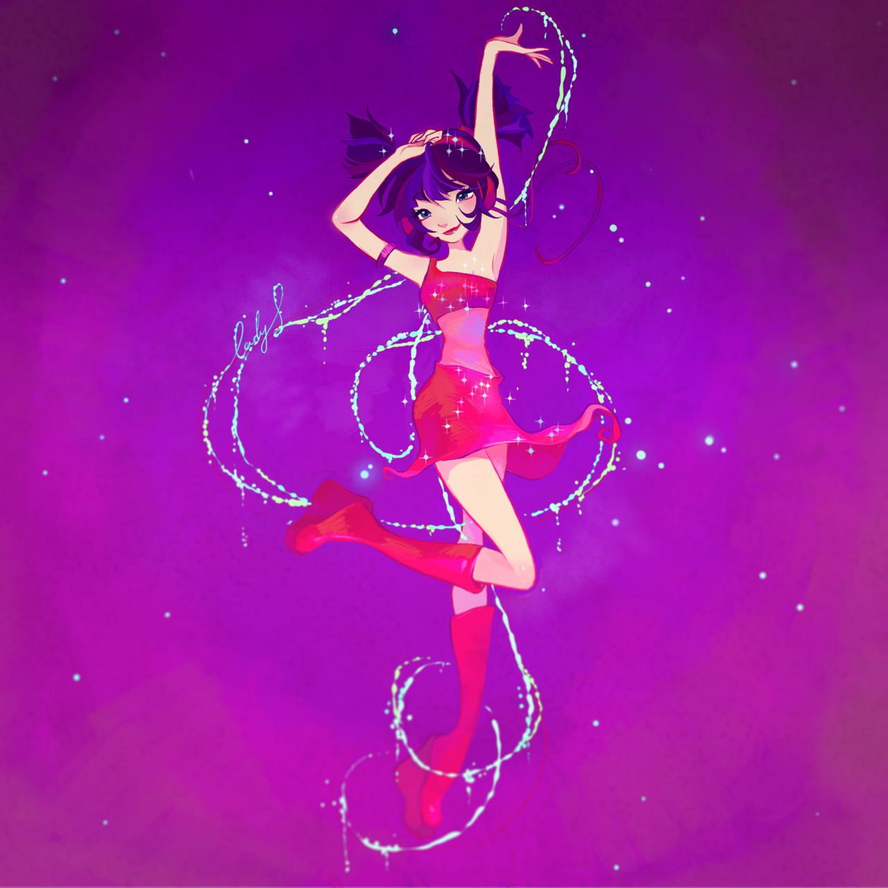 Musa, the smiling fairy from the TV show Winx Club, gracefully poses with magical sparkles swirling around her against a vibrant purple background.