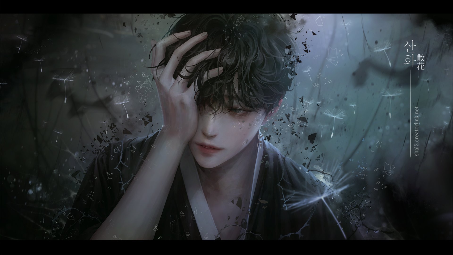 Dark-themed anime boy with tousled hair and a mysterious expression, surrounded by shattered glass and ethereal light effects.