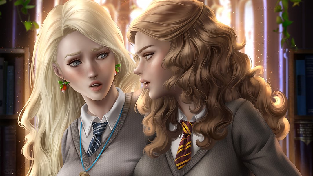 Blonde Luna Lovegood and brown-haired Hermione Granger in Hogwarts uniforms, sharing a close, intense moment in a softly lit, magical setting.