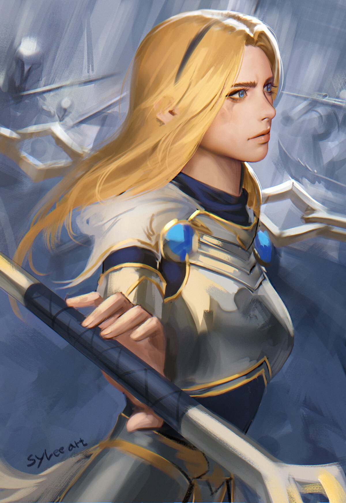 Digital artwork of Lux from League of Legends, depicted as a blonde female warrior in armor, holding a staff with a determined expression.