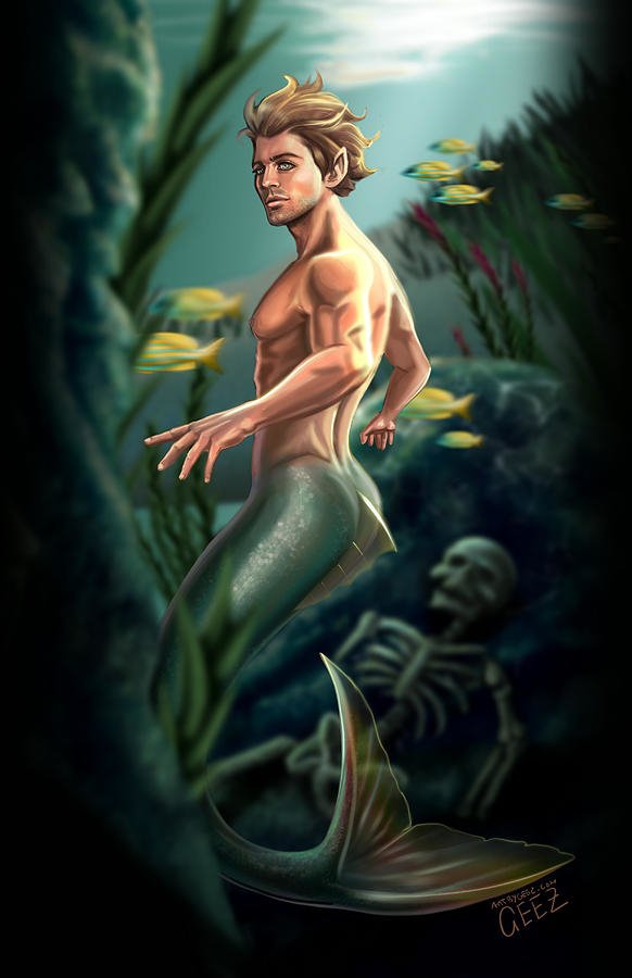 Download Skeleton Fish Underwater Blonde Merman Fantasy Mermaid Art