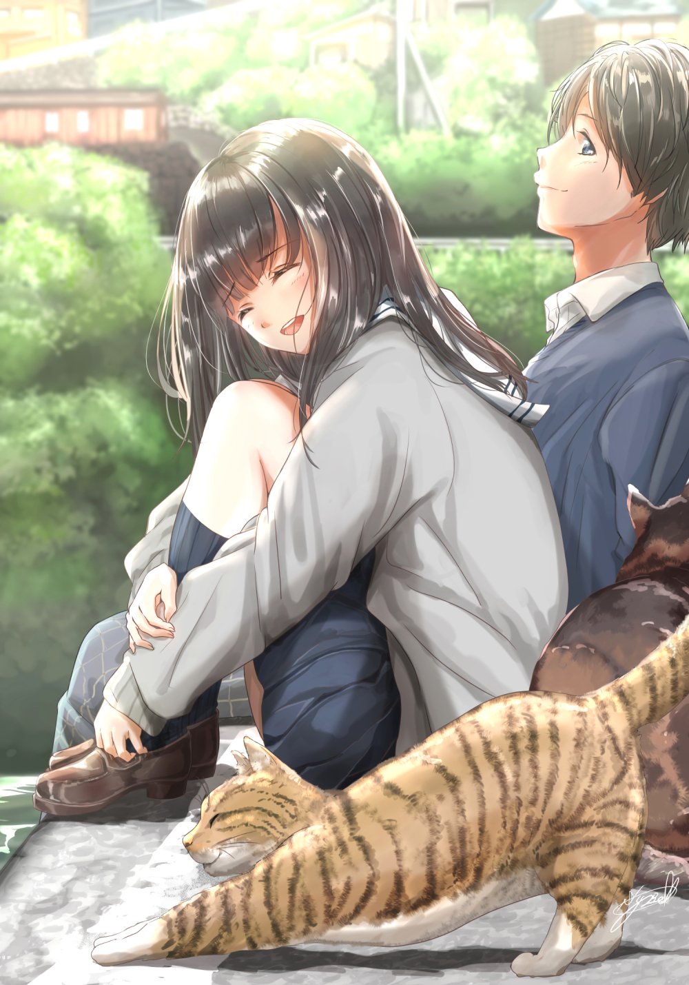 Anime couple by a riverside: a girl with dark hair smiling, boy gazing upward, and a striped anime cat stretching in the foreground.