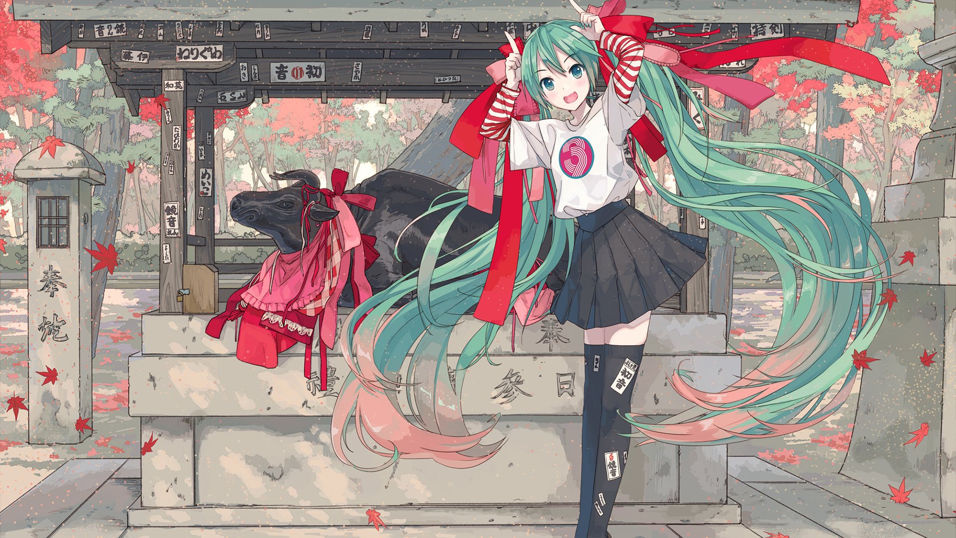 Anime-style illustration of Hatsune Miku with long green hair and green eyes, wearing a school uniform and red ribbons, standing in front of a traditional Japanese shrine.