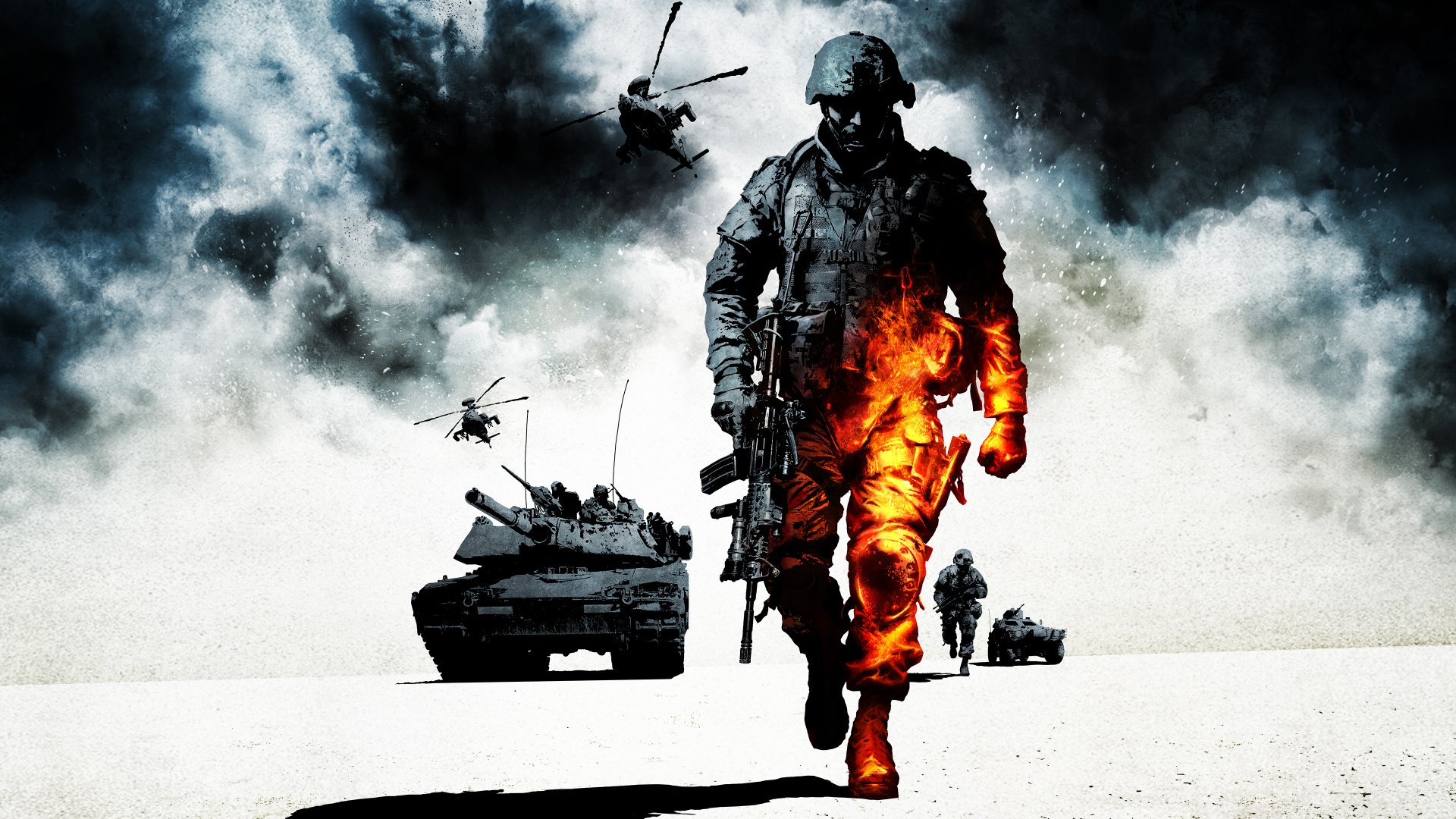 Soldier walking away from tanks and helicopters amid smoke and flames in the Battlefield: Bad Company 2 video game.