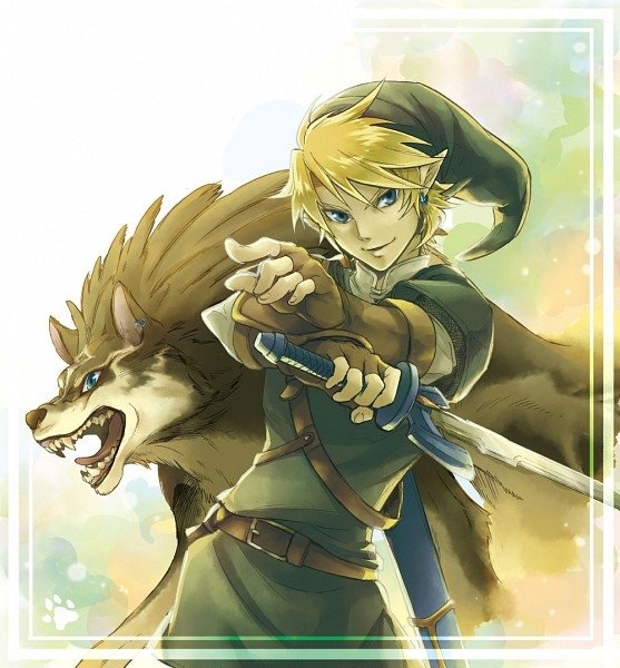 Illustration of Link from The Legend of Zelda: Twilight Princess with blue eyes and blonde hair, holding a sword alongside a fierce wolf.
