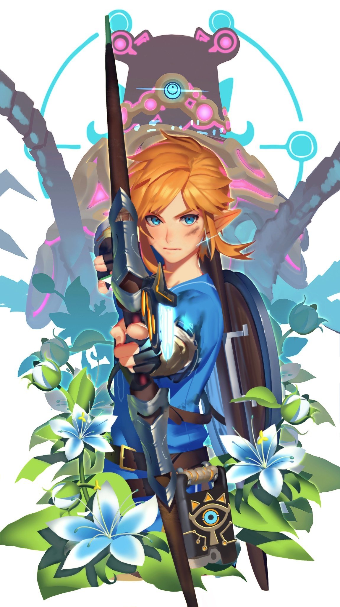 Blonde-haired Link with blue eyes from The Legend of Zelda: Breath of the Wild aims a bow, surrounded by blue flowers and a glowing mechanical figure.
