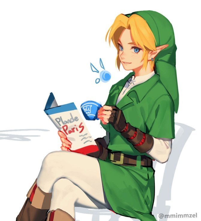 Blonde, blue-eyed Link from the video game The Legend of Zelda: Breath of the Wild sits sipping tea while reading a book.