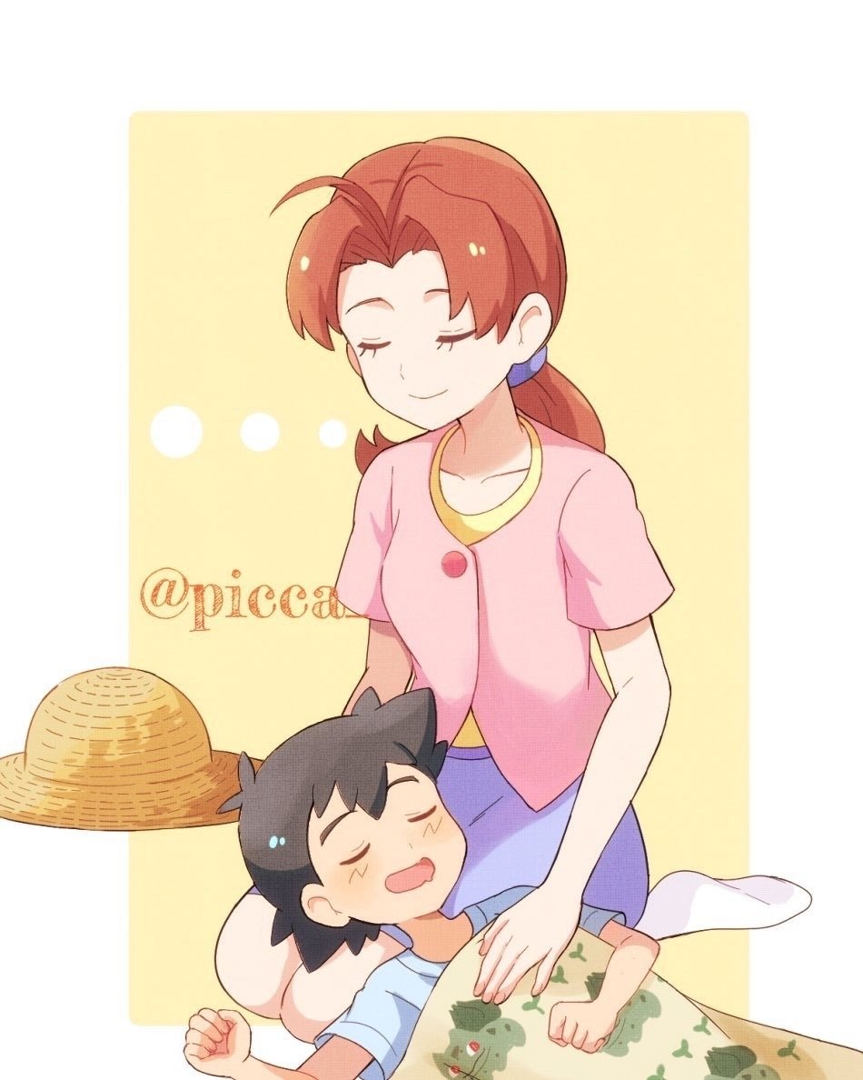 Download Hat Sleeping Brown Hair Black Hair Cute Delia Ketchum Ash Ketchum Anime Pokemon Cute Anime Art