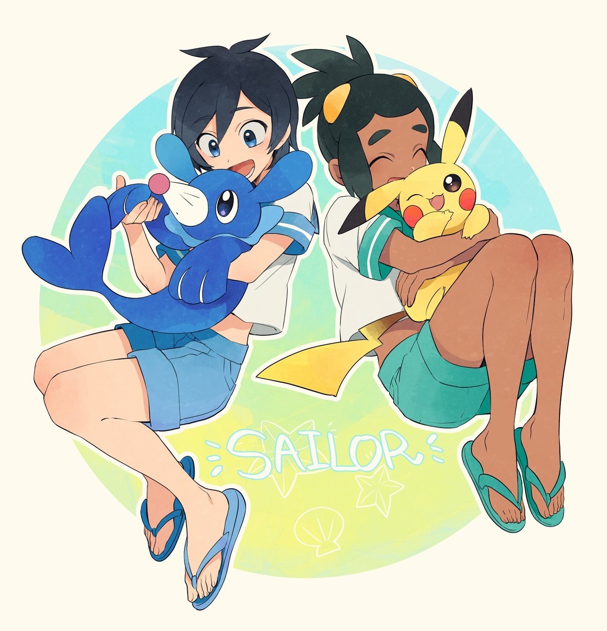 Download Legs Shorts Popplio (Pokémon) Cute Green Hair Black Hair Smile Pikachu Feet Sandal Pokemon Pokémon: Sun And Moon Hau (Pokemon) Elio (Pokémon) Video Game Art