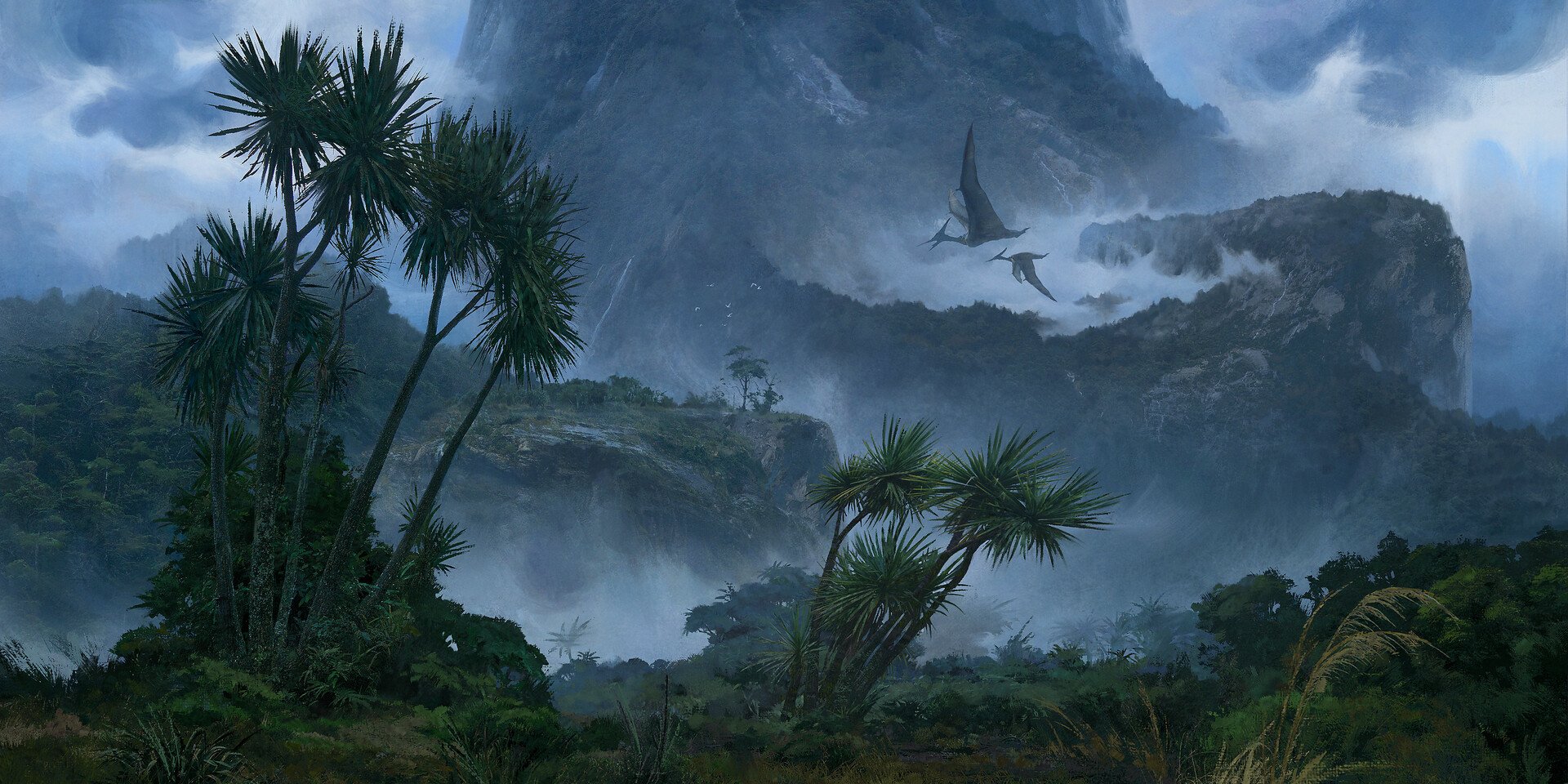 A fantasy landscape featuring lush vegetation and towering trees, with pterodactyls soaring through a misty, dramatic sky.