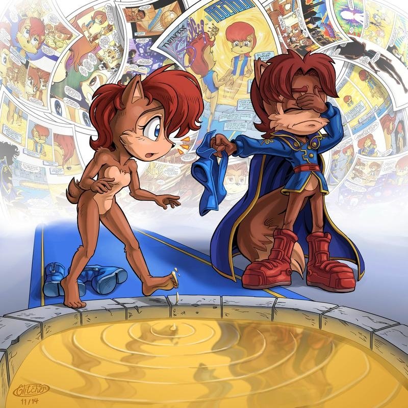Sally Acorn and Elias Acorn, characters from Archie Comics' Sonic Super Special, stand by a glowing pool surrounded by floating comic pages, both with red hair and blue eyes.