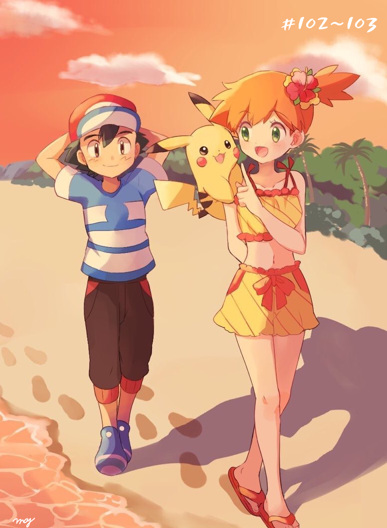 Download Sandal Cute Brown Eyes Green Eyes Smile Beach Pikachu Misty (Pokémon) Ash Ketchum Anime Pokemon Cute Anime Anime Beach Art