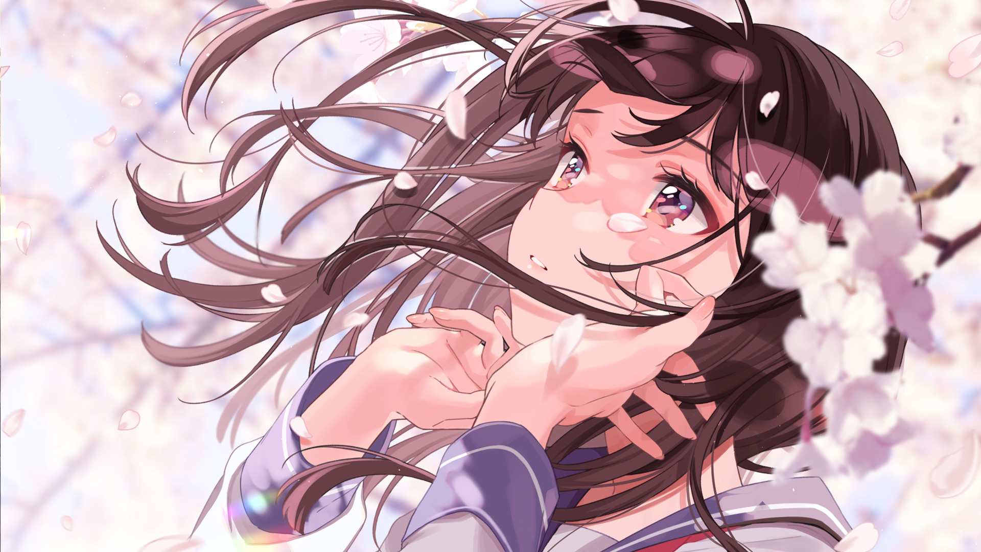 Anime girl with brunette hair and striking purple eyes surrounded by delicate cherry blossoms, captured in a soft, wind-swept moment.