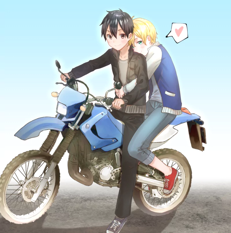 Kirito with black hair rides a motorcycle, smiling confidently, while blonde-haired Eugeo with green eyes hugs him from behind, both dressed casually in jackets and sneakers.