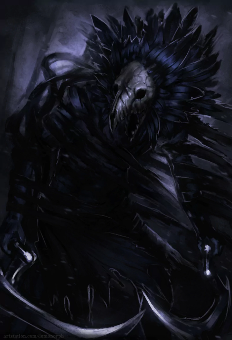 Dark, menacing creature with a skull-like mask and feathered headdress, wielding curved blades, from the video game Hellblade: Senua's Sacrifice.
