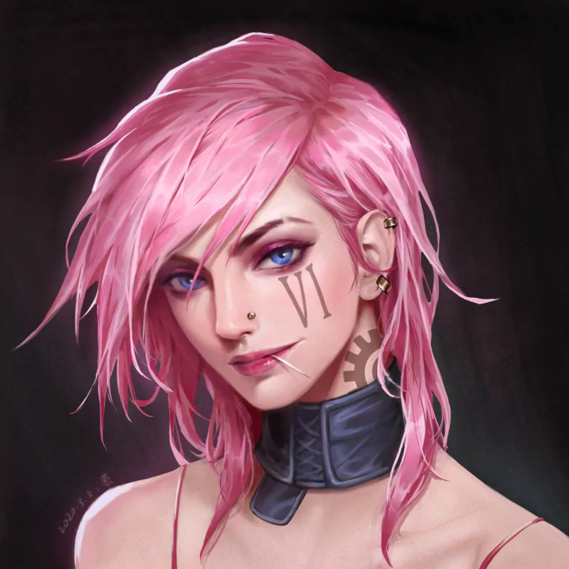 Close-up digital portrait of Vi from League of Legends — pink hair, blue eyes, 'VI' cheek tattoo, ear piercings and a leather collar in a stylized video game art style.